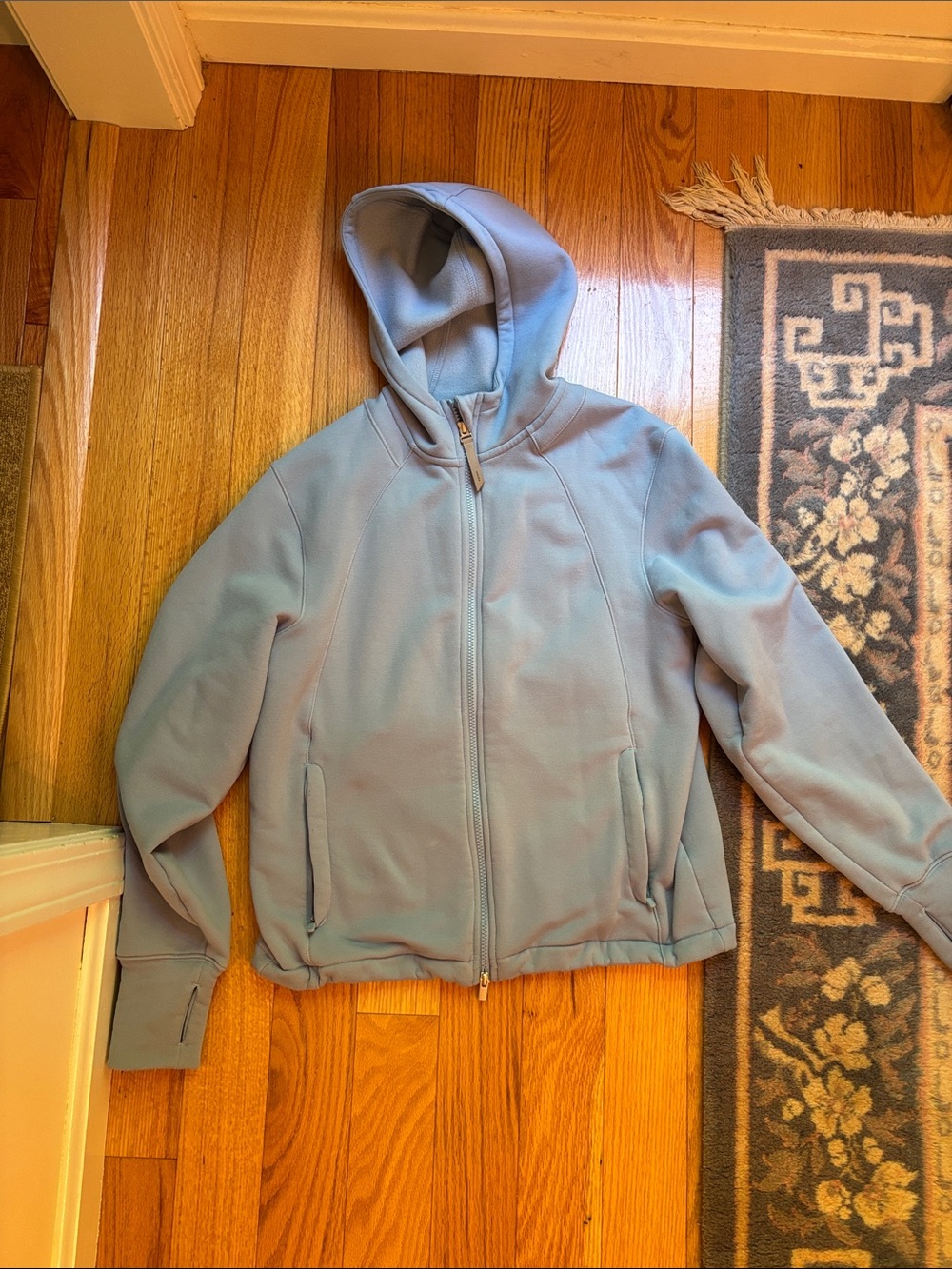 Athleta Light Blue Hooded Zip-Up Jacket size small. Roomy fit!